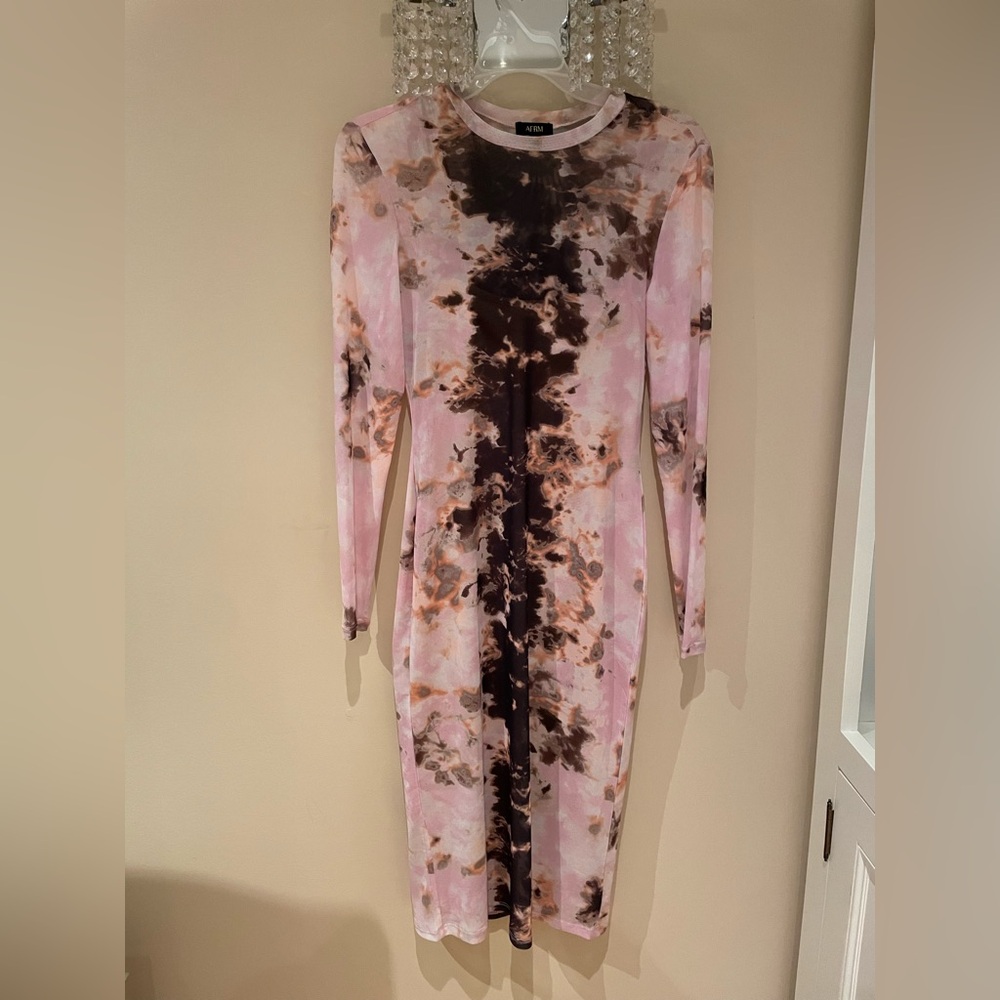 AFRM Pink and Brown Long Sleeve mesh Dress